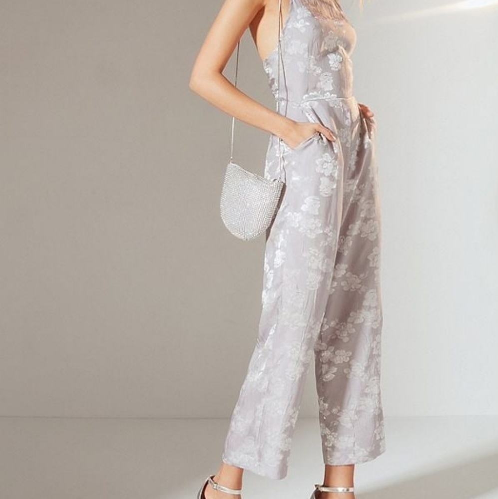 lavender floral satin jumpsuit with lace up back